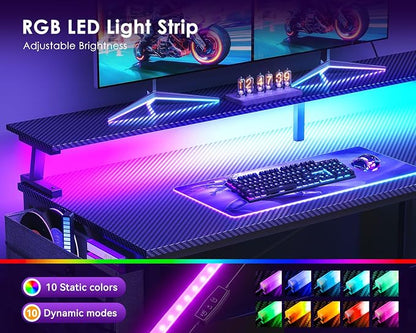 ODK 40 Inch Gaming Desk with USB Power Outlets and LED Lights, Reversible L Shaped Computer Desk with Storage Shelves & Monitor Stand, Corner Home Office Desk Table, Carbon Fiber Surface, Black