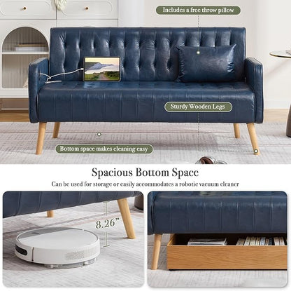 Blue Leather Loveseat and Accent Chair, Small Couch w/USB Charging & Pockets, Mid Century Modern Tufted Love Seat and Chair Set, Mini Office Sofa for Living Room, Apartment