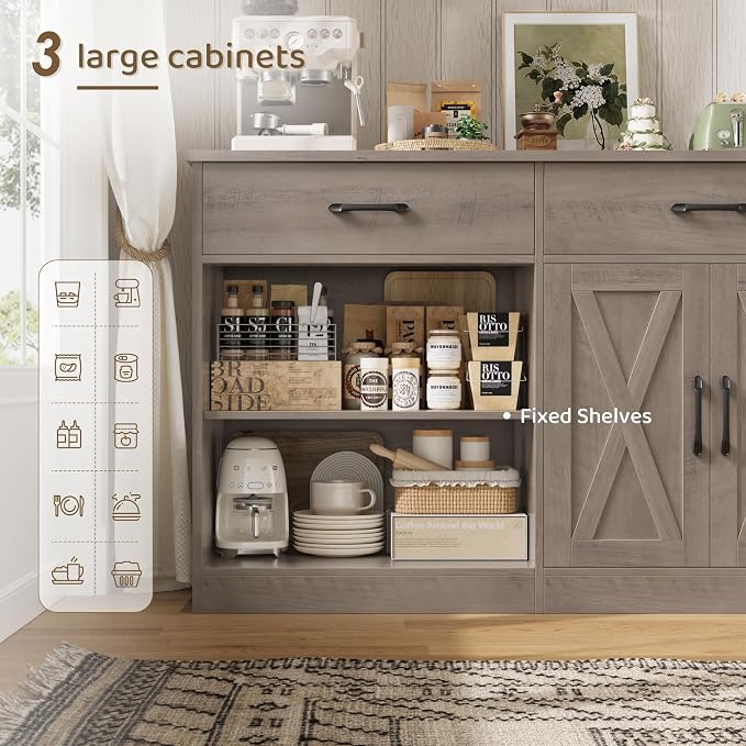 HOSTACK 71" Large Sideboard Buffet Cabinet with Storage, Farmhouse Coffee Bar Cabinet with 3 Drawers, Long Kitchen Buffet Table, Kitchen Sideboard Storage Cabinet for Dining Room, Living Room, Grey