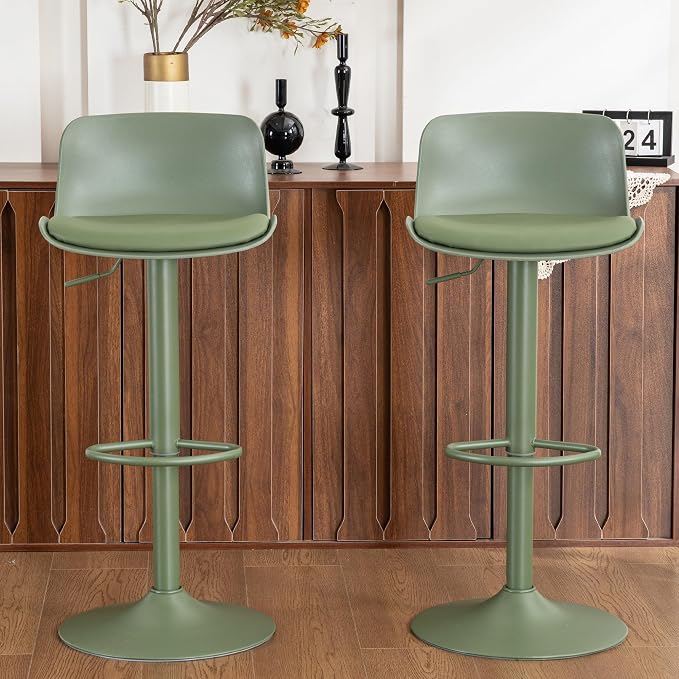 Kidol & Shellder Set of 2 Adjustable Swivel Bar Stools - Modern PU Leather Upholstered Counter Height Stools with Back Metal Base for Kitchen Island Home Bar Olive Green