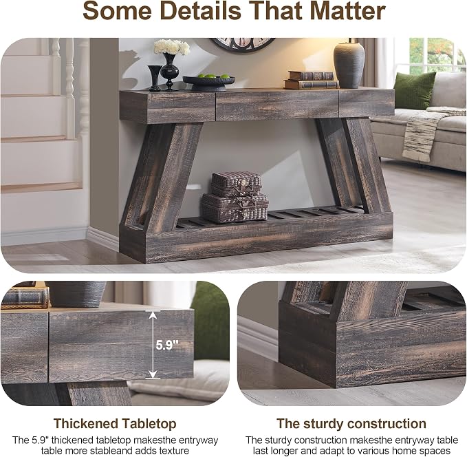 60" Farmhouse Entryway Table with Drawer, Entry Table with Storage, Sofa Table for Living Room, Behind Couch, Sofa(Dark Rustic Oak)