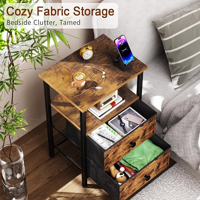LOAKEKEL Night Stand, Nightstand with 2 Fabric Drawers for Bedroom, Small End Table with Open Storage Shelf, Bedisde Table for Apartment, Rustic Brown, HETS002BR-1