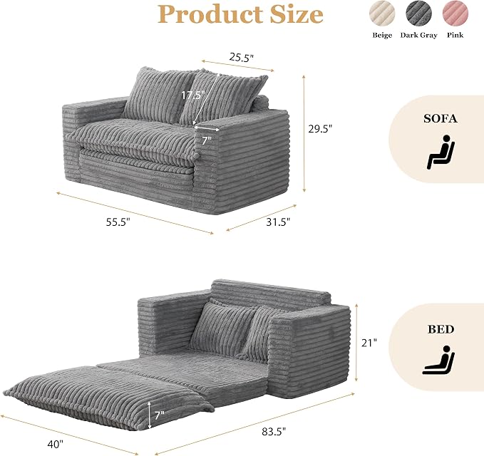 YOSHOOT Loveseat Sleeper Sofa, Convertible Sofa Bed Couch Futon Couches for Living Room, 3-in-1 Pull Out Floor Couch with Cushion and Pillows, Dark Grey