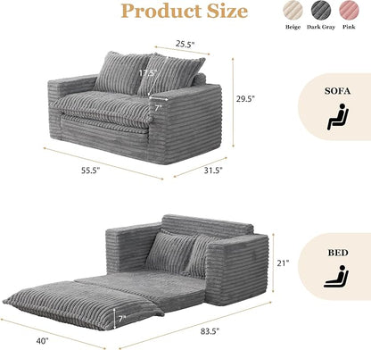 YOSHOOT Loveseat Sleeper Sofa, Convertible Sofa Bed Couch Futon Couches for Living Room, 3-in-1 Pull Out Floor Couch with Cushion and Pillows, Dark Grey