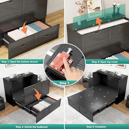 Hlivelood Full Size Murphy Chest Bed with Drawer and Charging Station, Farmhouse Wood Space-Saving Hidden Folding Bed Chest, Multifunctional Storage Cabinet Beds for Bedroom, Office, Black