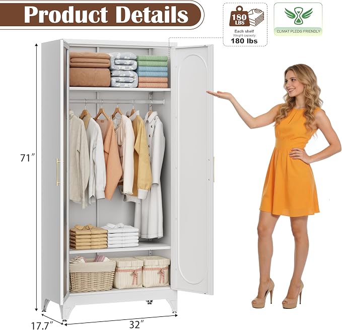 SteeLoong Metal Wardrobe Cabinet with Hanging Rod, 71" Tall Armoire Wardrobe Closet with Mirror Doors and Adjustable Shelves, White Clothing Storage Cabinets for Bedroom, Laundry Room,Office