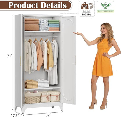 SteeLoong Metal Wardrobe Cabinet with Hanging Rod, 71" Tall Armoire Wardrobe Closet with Mirror Doors and Adjustable Shelves, White Clothing Storage Cabinets for Bedroom, Laundry Room,Office
