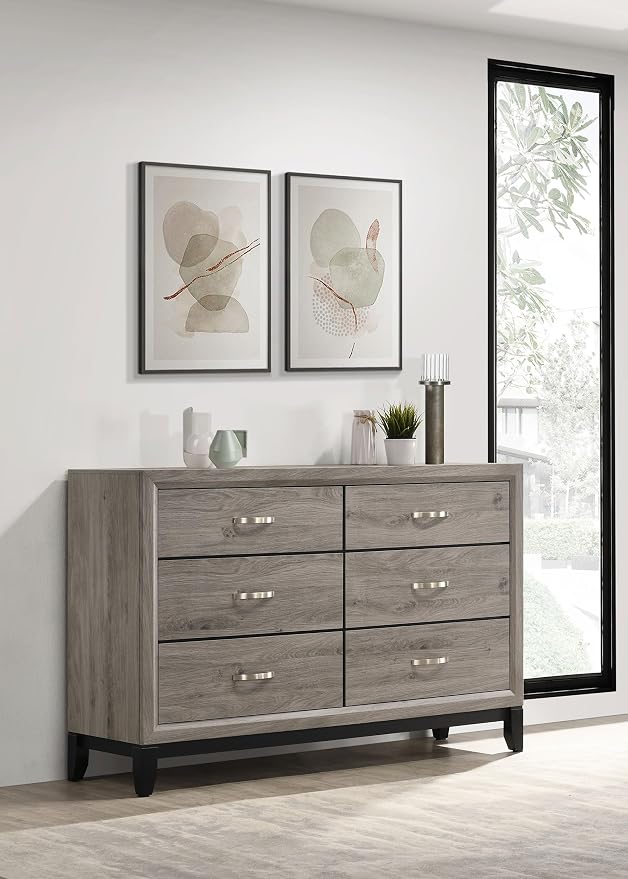 Coaster Home Furnishings - Valen - Wood - 6-Drawer Dresser with Curved Pull Handles, Groove Detailing, and Nickel Hardware - Bedroom - Light Taupe - 215913