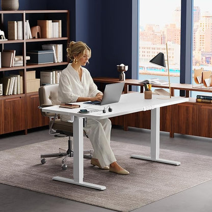 Huuger Electric Standing Desk with Power Outlets and USB-C Port, 55 X 24 Inch Height Adjustable Desk, Sit Stand Desk for Home Office, Computer & Gaming Desk with 4 Presets, Stable Steel Frame, White