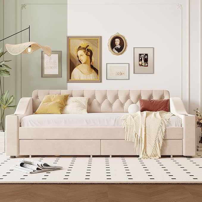 Merax Twin Size Upholstered Daybed with Storage Armrests, Wooden Sofa Bed Frame with 2 Drawers and USB Port, Beige