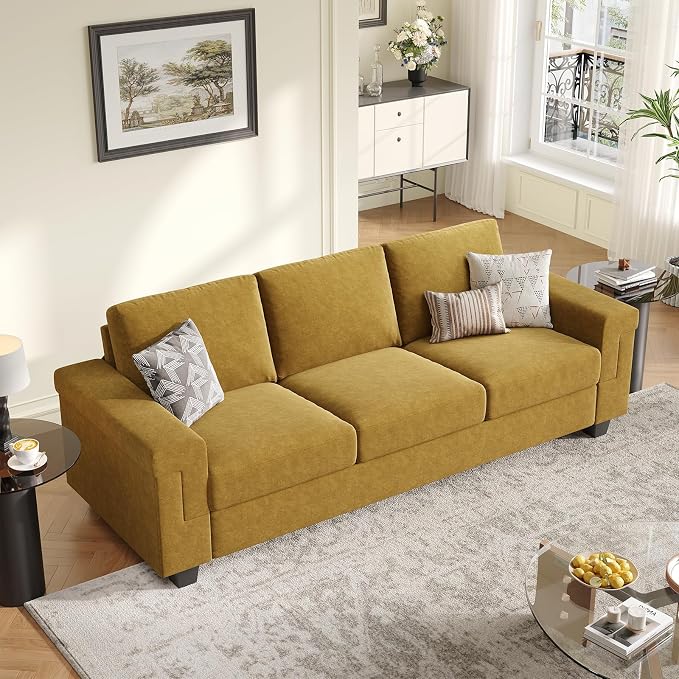 COPIAE 3 Seater Sofa Couch with Deep Seat, 90" Modern Upholstered Sofa with Armrests, Easy Installation, Comfy Couches for Living Room, Apartment, Yellow