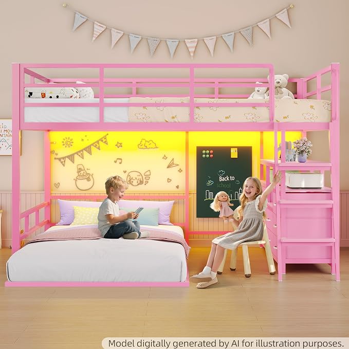 busyaeh Bunk Bed Full Over Twin,8 Drawer & 4 Shelve,15" H Safety Guardrail | Bunk Bed with Desk, Low bunk bed with LED Lights & Charging Station,L-Shaped Bunk Beds with Stairs,Girls bunk bed,Pink