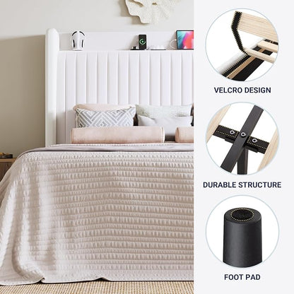Allewie Queen Size Platform Bed Frame with USB Charging Station and Storage Shelf/Upholstered Velvet Wingback Headboard/Wooden Slats Support/No Box Spring Needed/Easy Assembly, White