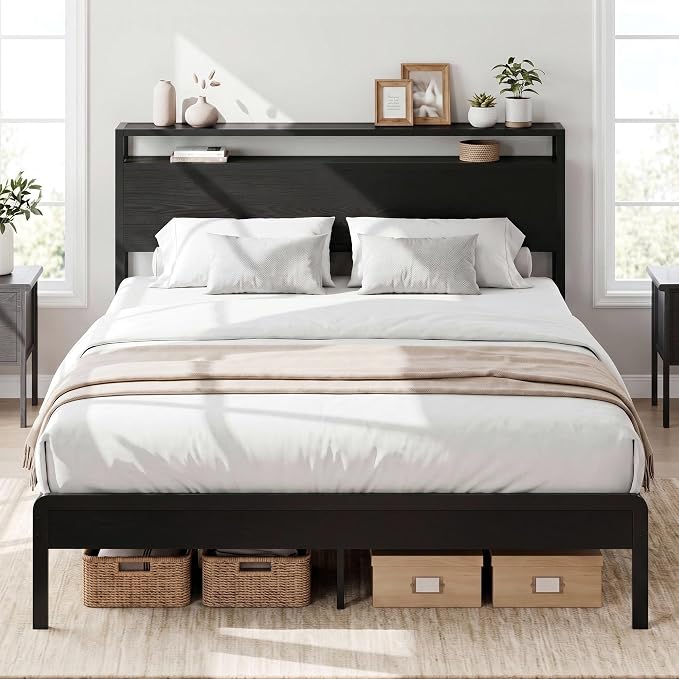 LIKIMIO Queen Bed Frame with Headboard, Dark Wood Camas Queen with Strong Supports, Sturdy, Noise-Free, No Box Spring Needed, Classic Black