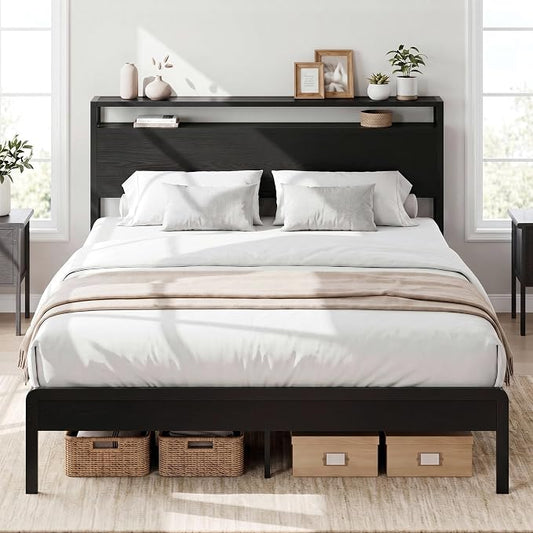LIKIMIO Queen Bed Frame with Headboard, Dark Wood Camas Queen with Strong Supports, Sturdy, Noise-Free, No Box Spring Needed, Classic Black