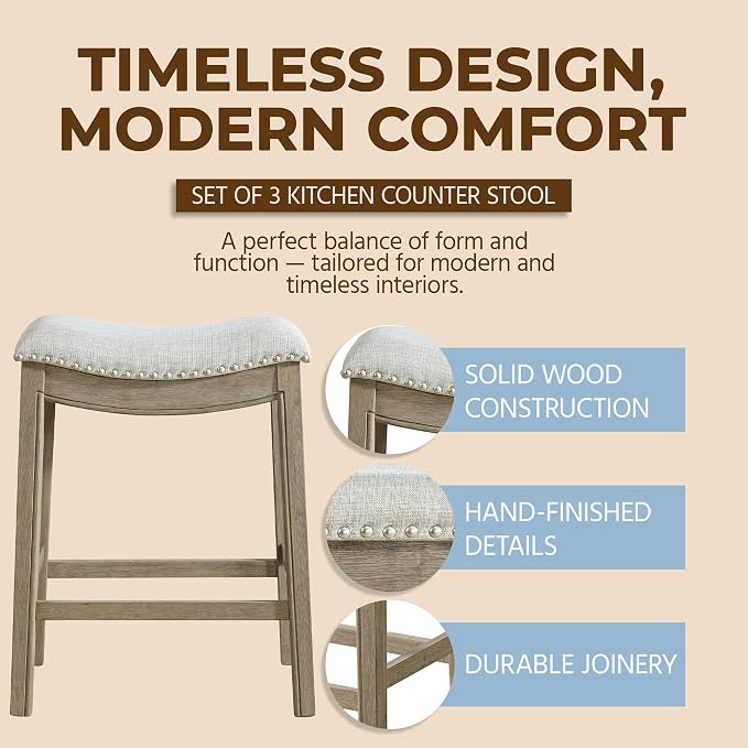ROME + OAK Set of 3 Parker 26" Counter Stool, Backless Saddle Kitchen Barstool in Reclaimed Oak Finish with Ash Grey Fabric Upholstery Cushion Seat
