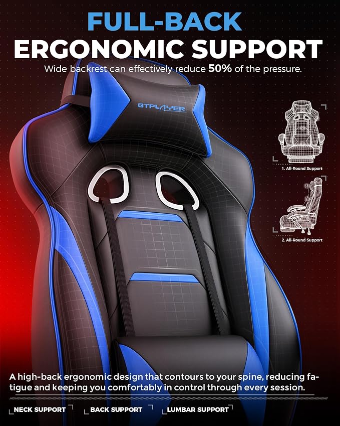 GTPLAYER Gaming Chair with Footrest, Big and Tall Game Chair 350lb Racing Style Computer Chair, Ergonomic Executive Office Chair High Back with Lumbar Support and Recliner, Blue