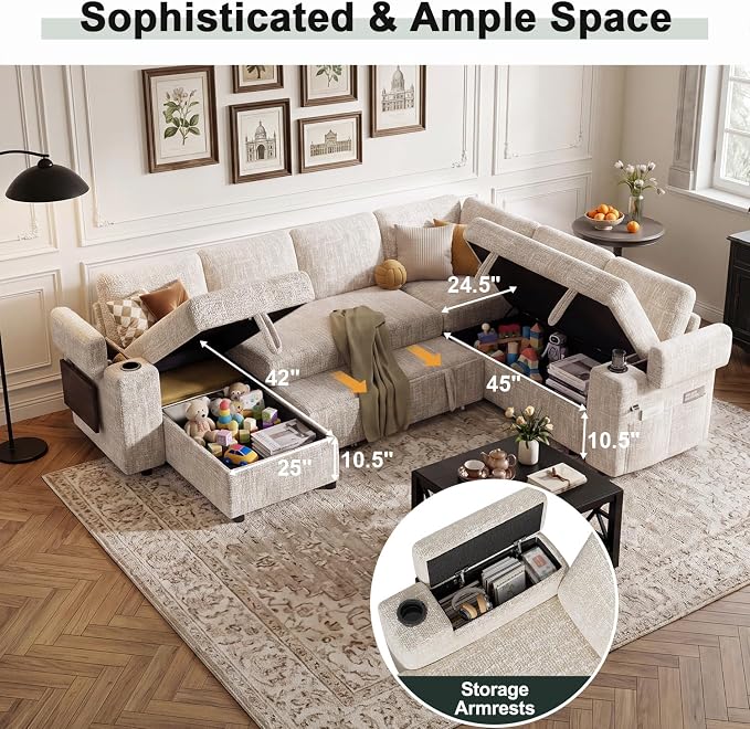 Vipbear Premium 86" Modular Sectional Sleeper Sofa, 5 Seat Sleeper Sofa with Pull Out Bed, L Shaped Couch with Storage Chaise|USB Ports|Cup Holders|Storage Armrests|Side Table, White