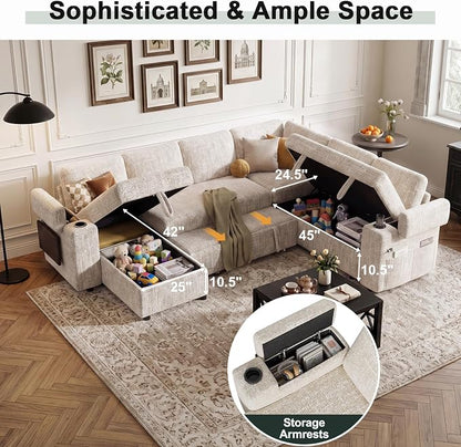 Vipbear Premium 86" Modular Sectional Sleeper Sofa, 5 Seat Sleeper Sofa with Pull Out Bed, L Shaped Couch with Storage Chaise|USB Ports|Cup Holders|Storage Armrests|Side Table, White