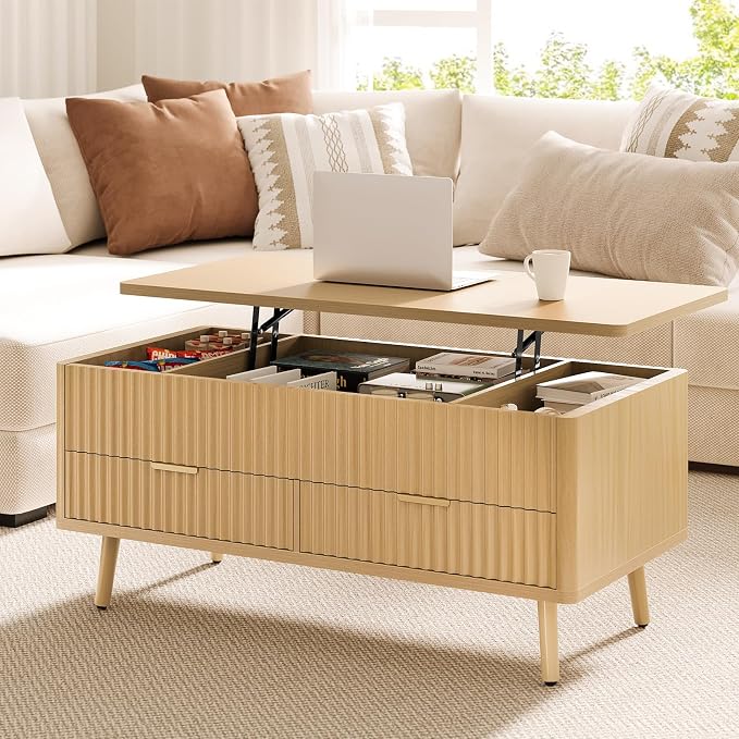 Lift Top Coffee Table with Storage - Fluted Wood Coffee Tables for Living Room with Drawers & Hidden Compartment, Mid Century Modern Square Large Center Table for Home Office, Reception