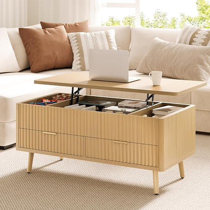 Lift Top Coffee Table with Storage - Fluted Wood Coffee Tables for Living Room with Drawers & Hidden Compartment, Mid Century Modern Square Large Center Table for Home Office, Reception