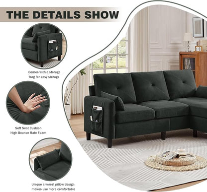 Convertible L-Shaped Sectional Sofa, 3-Seat Sofa Couches with Storage Ottoman & 2 Pillows and Side Storage Pockage, Small Modern Couch for Living Room, Apartment and Office, Black