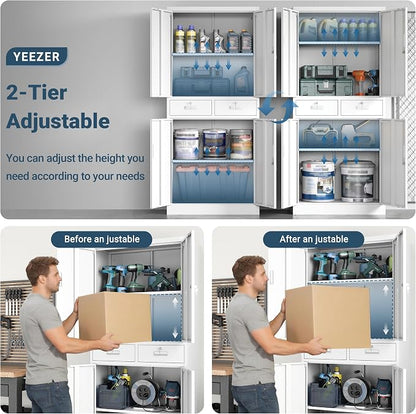 71" H Tall Metal Storage Cabinet with 2 Drawers, Metal Garage Storage Cabinet with Lock and 2 Adjustable Shelves for Home, Office, Garage, Warehouse Organize, White