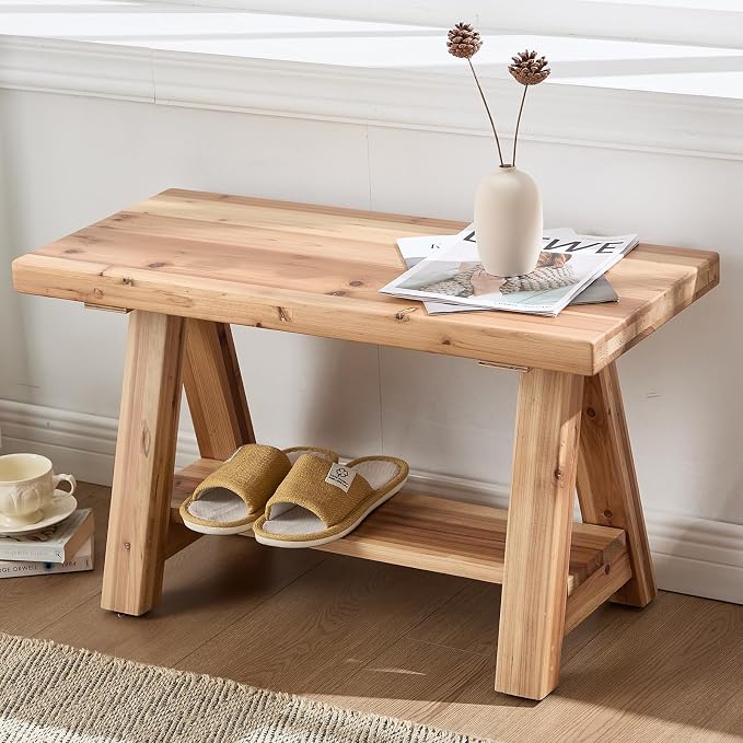 Farmhouse Solid Wood Entryway Bench, 30 Inch Small Narrow Storage Bench with Shelf, Rustic Wooden Shoe Bench for Entryway, Mudroom, or Hallway Seating, Natural