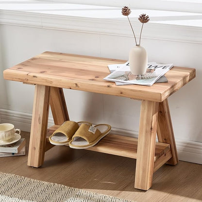 Farmhouse Solid Wood Entryway Bench, 30 Inch Small Narrow Storage Bench with Shelf, Rustic Wooden Shoe Bench for Entryway, Mudroom, or Hallway Seating, Natural