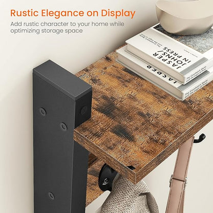 Homode Coat Rack with Wall Mount, 24 Inch Long Entryway Wall Shelf with Hooks, Wood Hanger with Storage Shelf for Bathroom, Hallway, Rustic Brown Black