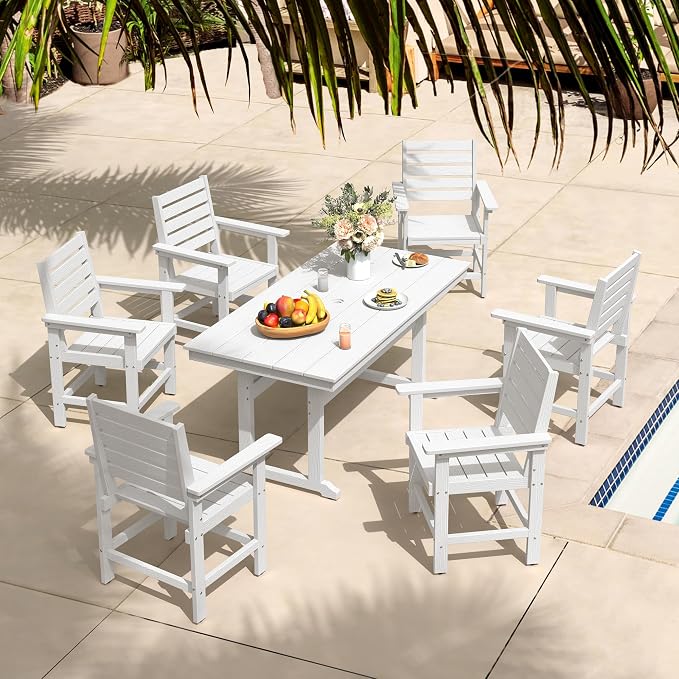 7 Piece Patio Dining Set, 66" Rectangle HDPS Weather Resistant Outdoor Table & 6 Patio Chairs Set with 1.96" Umbrella Hole, Heavy Duty Chairs for Backyard Balcony Deck, White