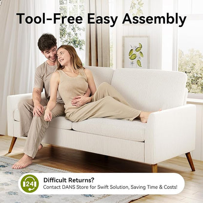 68" Loveseat Sofa, Comfy White Corduroy Couches for Living Room, Mid Century Modern Love Seat Sofa, Tool-Free Setup Small Couches for Bedroom Office