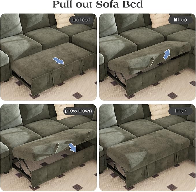 Ihanherry L-Shaped Sectional Sofa Bed, 6-Seater Convertible Pull Out Sleeper with Storage Ottoman, USB Charging Ports & Wide Armrests, Premium Chenille Fabric for Large Living Room, Apartment（Gray）