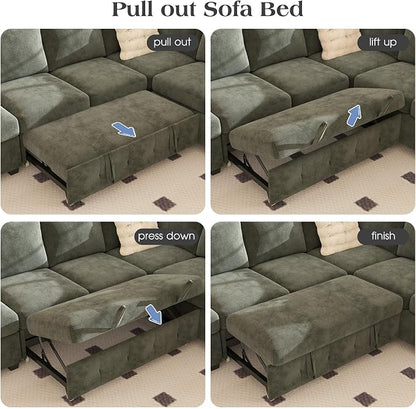 Ihanherry L-Shaped Sectional Sofa Bed with Storage, 5-Seater Convertible Pull Out Sleeper Sofa with USB Charging Ports, 4 Pillows & Wide Armrests, Chenille Fabric for Living Room, Apartment（Gray）