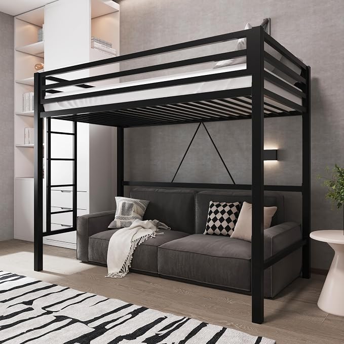 Allewie Metal Loft Bed Twin Size with Guardrail and Ladder,Black | Small Space Saving Design for Bedroom Kid Room and Dorm, No Box Spring Needed