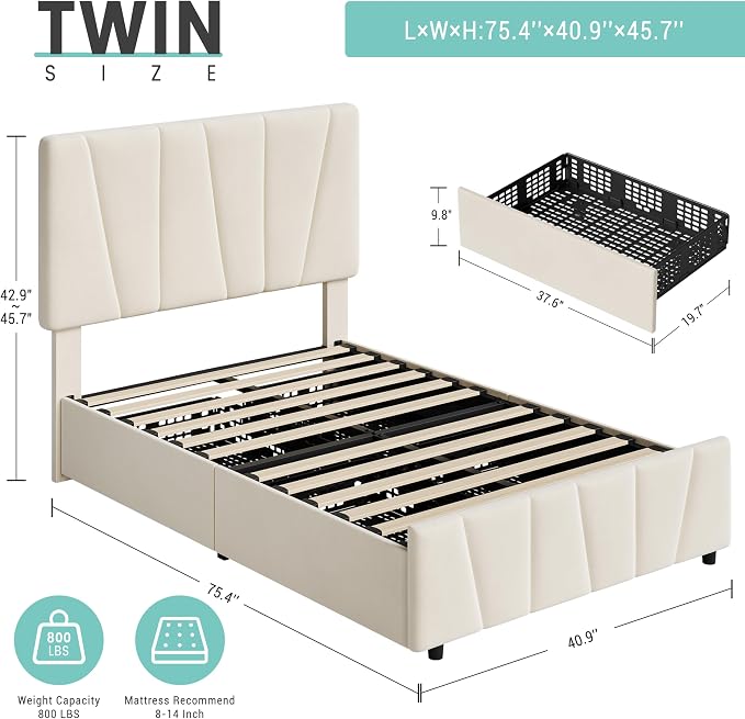 Twin Size Bed Frame with Upholstered Headboard & 2 Storage Drawers with Wheels, Platform Bed Frame with Wooden Slat Support, Adjustable Headboard, No Box Spring Needed, Noise-Free, for Bedroom