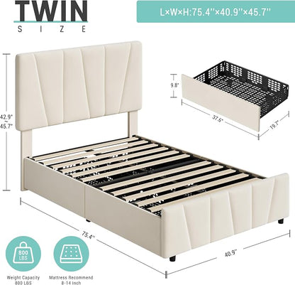 Twin Size Bed Frame with Upholstered Headboard & 2 Storage Drawers with Wheels, Platform Bed Frame with Wooden Slat Support, Adjustable Headboard, No Box Spring Needed, Noise-Free, for Bedroom
