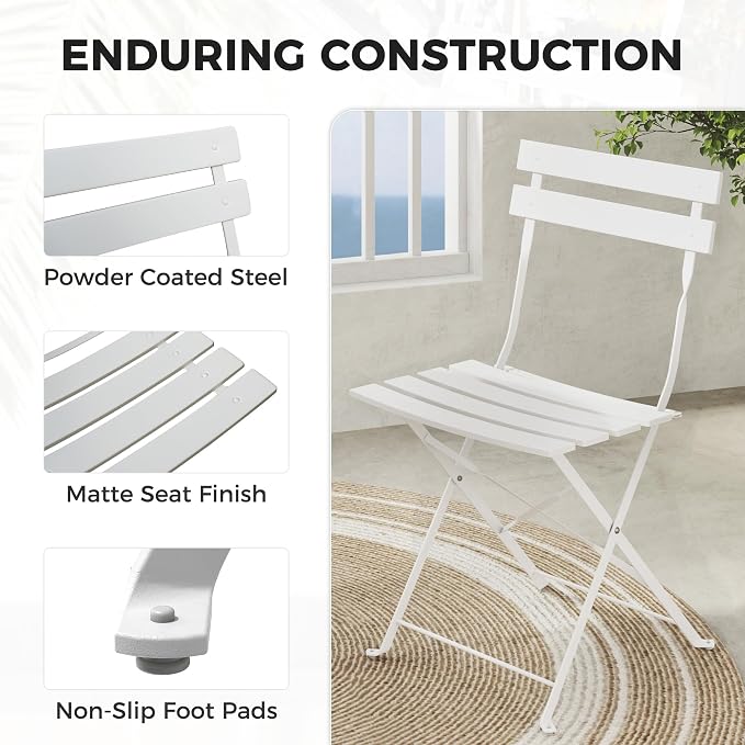 Grand patio 3-Piece Folding Bistro Set, 2 Chairs and 1 Table, Weather-Resistant Outdoor/Indoor Conversation Set for Patio, Yard, Garden-White
