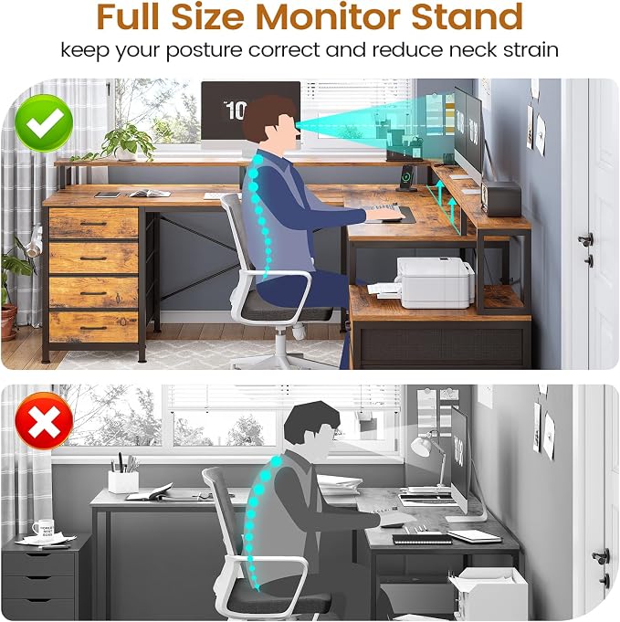 SEDETA L Shaped Desk with 6 Drawer, 108" Home Office Desk with File Drawer & Power Outlet, Corner Computer Desk with Monitor Shelf, Two Person Desk, Gaming Desk with Led Lights, Rustic Brown