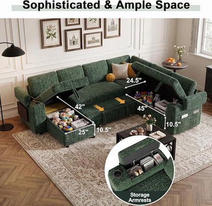 Vipbear Premium 111" Modular Sectional Sleeper Sofa, 7 Seat Sleeper Sofa with Pull Out Bed, L Shaped Couch with USB Ports|Storage Chaise|Cup Holders|Storage Armrests|Side Table, Green