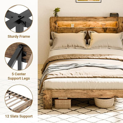 Zevemomo Wood Bed Frame King with Headboard, LED Light, Charging Station with 2 USB Ports & 2 AC Outlets, Sturdy Wood Framework, No Noise, Dark Brown (Rectangular Slot)