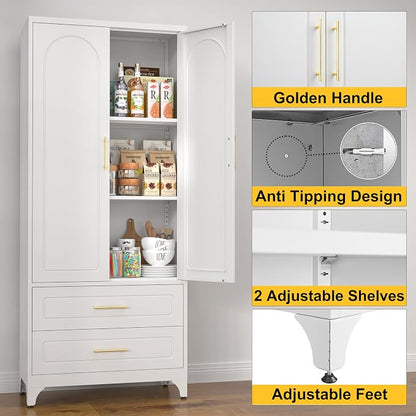 SteeLoong 75" Kitchen Pantry Cabinet,Metal Storage Cabinets with 2 Drawers,Pantry Cabinet with Doors and Shelves,White Tall Storage Cupboard for Living Room, Dining Room Office