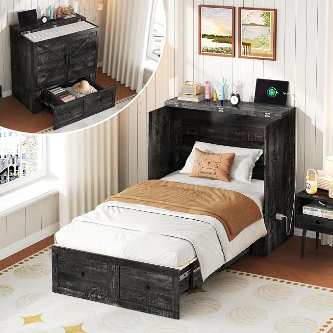 LUXOAK Twin Murphy Bed with Built-in Charging Station and Storage Drawer, Farmhouse Foldable Cabinet Bed for Guest Room, Apartment or Home Office, Black Oak