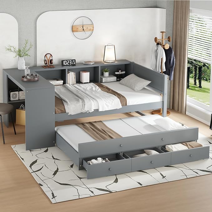 Bellemave Twin Size Corner Bed Frame with Storage Drawers and Desk,Captain Daybed with Bookcase,Corner Bed Frame Twin Size with Trundle for Kids,Teens,Guests,Gray