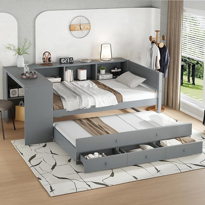 Bellemave Twin Size Corner Bed Frame with Storage Drawers and Desk,Captain Daybed with Bookcase,Corner Bed Frame Twin Size with Trundle for Kids,Teens,Guests,Gray