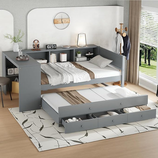 Bellemave Twin Size Corner Bed Frame with Storage Drawers and Desk,Captain Daybed with Bookcase,Corner Bed Frame Twin Size with Trundle for Kids,Teens,Guests,Gray