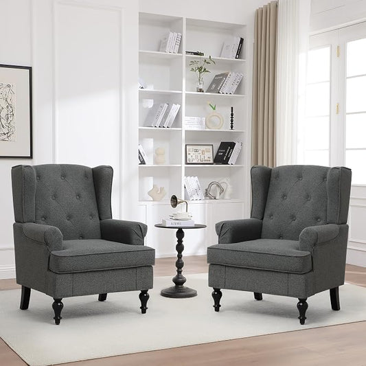 Accent Chair Set of 2, Mid Century Modern Fabric Wingback Chair, Upholstered Armchair with High Back and Vintage Legs, Comfy Single Sofa Side Reading Chair for Living Room Bedroom, Dark Grey