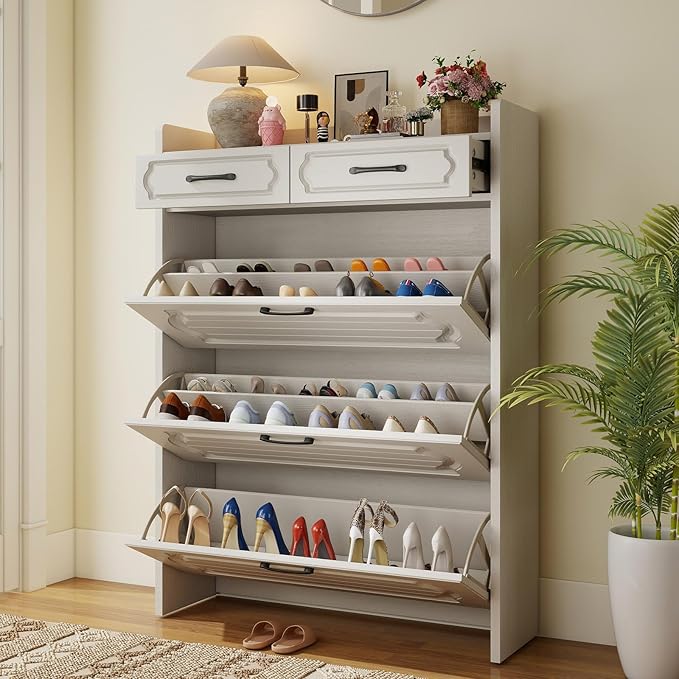 Shoe Cabinet with 3 Large Flip Drawers and 2 Storage Drawers, Narrow Shoe Organizer Cabinet Fits for Kinds of Shoes, Slim Shoe Storage Cabinet for Entryway, Hallway, Light White