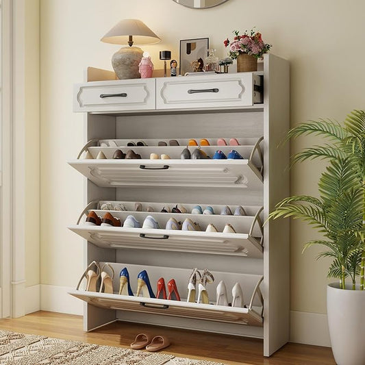 Shoe Cabinet with 3 Large Flip Drawers and 2 Storage Drawers, Narrow Shoe Organizer Cabinet Fits for Kinds of Shoes, Slim Shoe Storage Cabinet for Entryway, Hallway, Light White