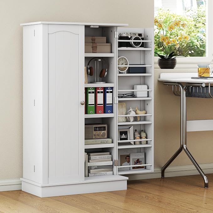 HOMCOM 41" Kitchen Pantry Storage Cabinet, Freestanding Kitchen Cabinet with 12 Door Shelves, Double Doors, 5-Tier Shelving and Adjustable Shelves, White